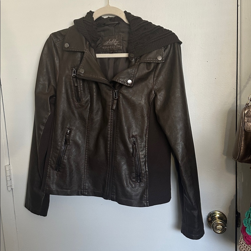 Selby Collection Brown faux Leather moto style Jacket with detachable hood